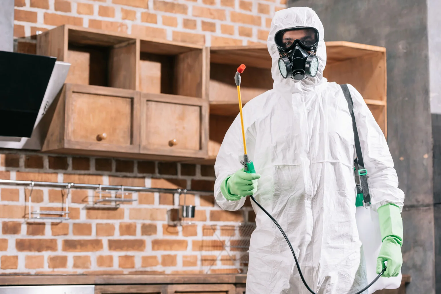 Pest Control Worker in Uniform Standing with Spray