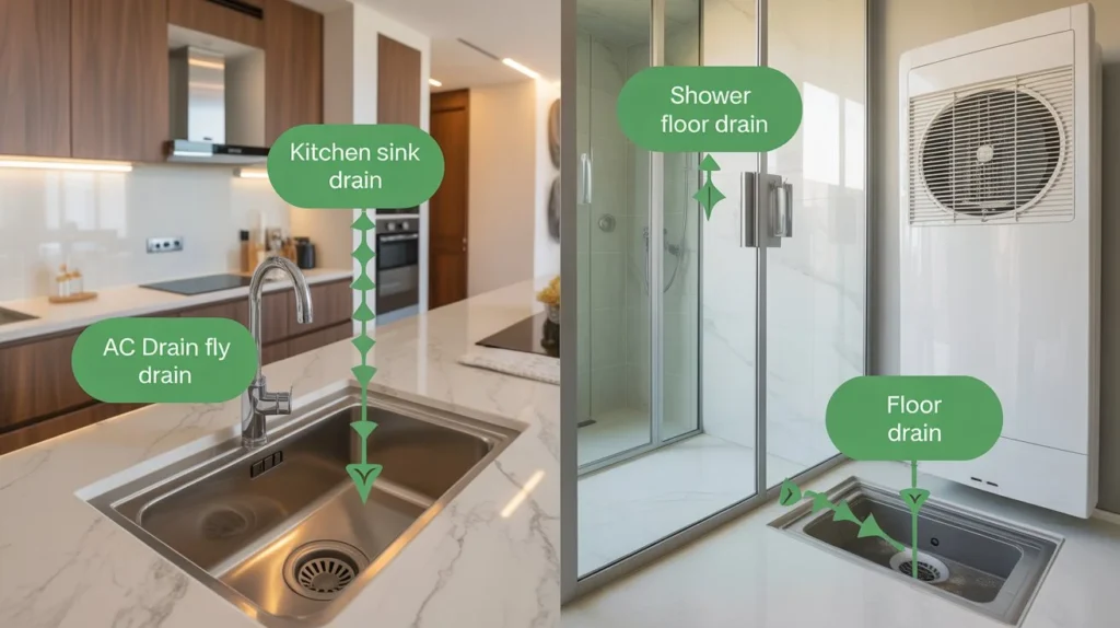 Common drain fly breeding areas in Dubai homes
