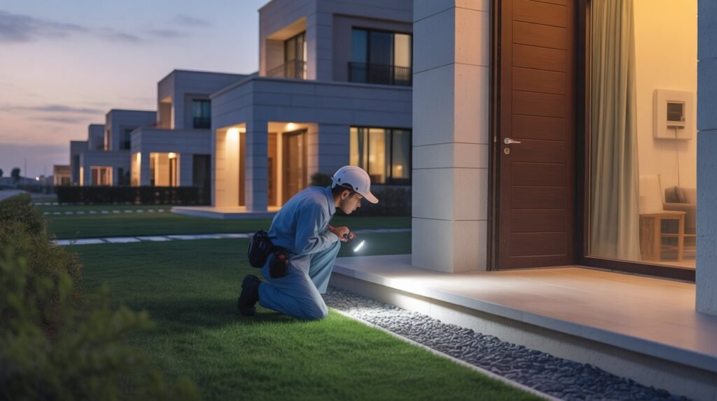 Pest control technician inspecting Dubai villa for camel spiders and entry points