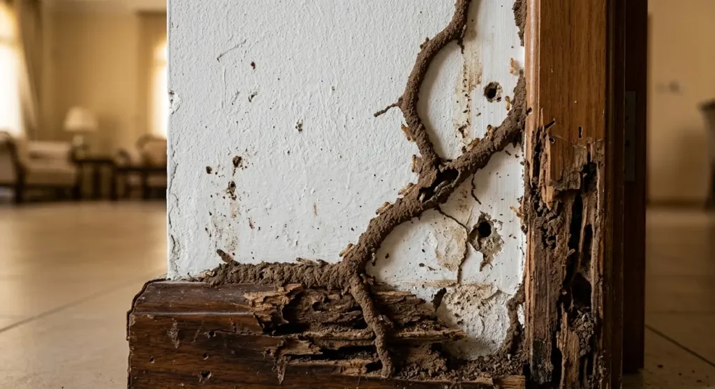 Termite mud tubes and visible wood damage on a wall inside a Dubai home