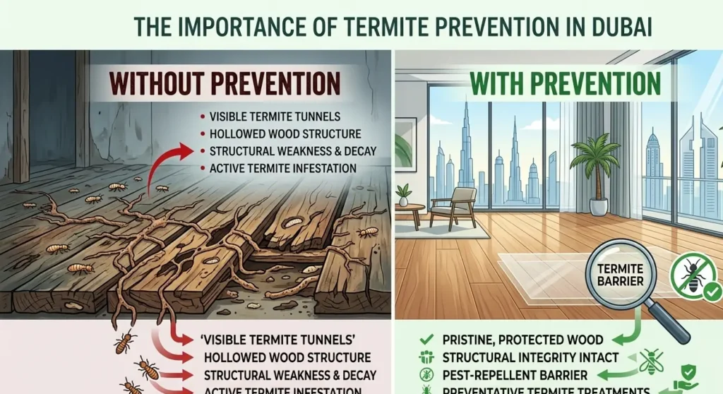 Comparison of termite-damaged wood versus protected wood in a Dubai home showing the importance of termite prevention