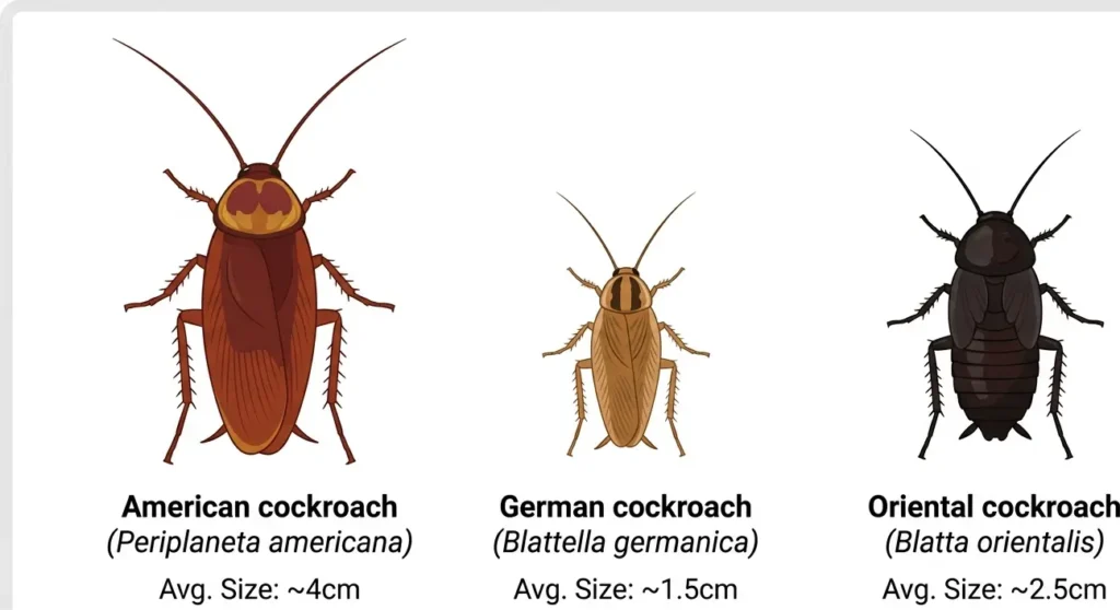 Size comparison of American, German, and Oriental cockroaches commonly found in Dubai, UAE