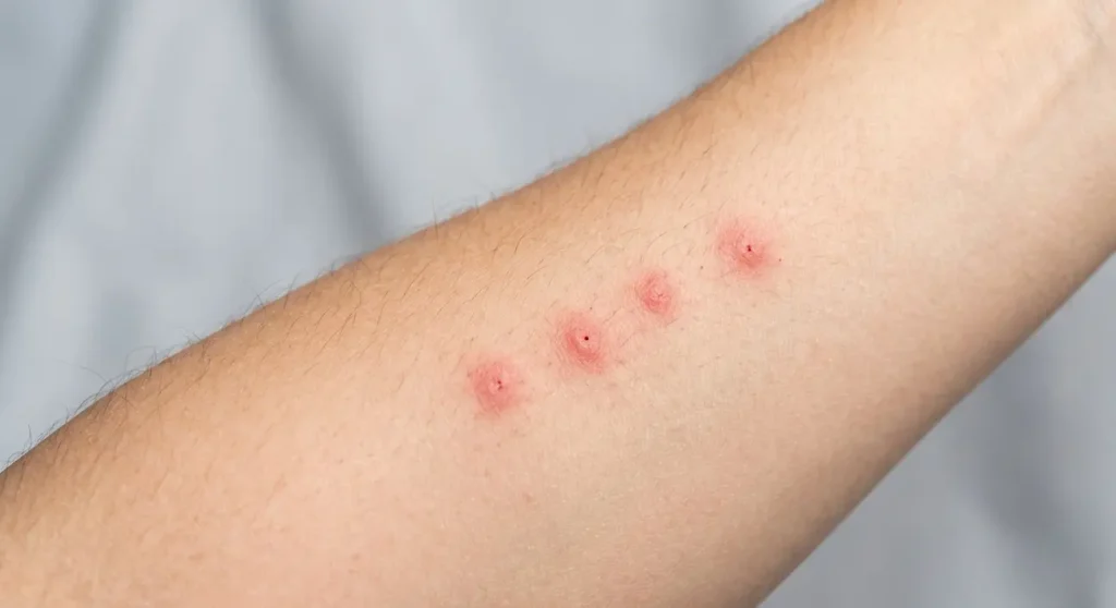 Red bed bug bite marks in a line on human arm – common infestation sign