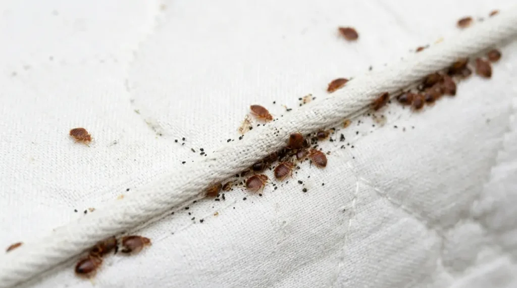 Bed bugs crawling on white mattress seams in Dubai home