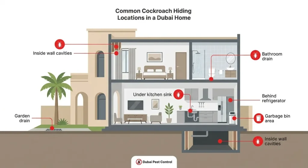 Diagram of a Dubai home showing common American cockroach hiding spots including kitchen drains, bathrooms, and basements