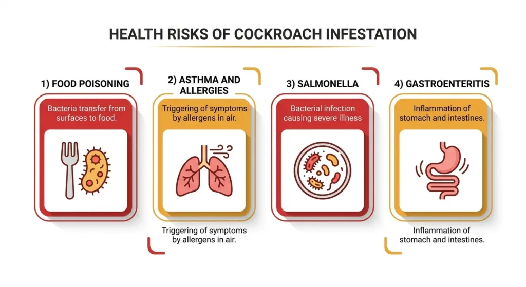 Infographic showing diseases spread by American cockroaches including Salmonella, food poisoning, and asthma triggers