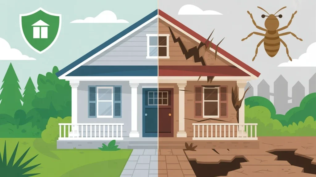 Illustration comparing a termite-protected home with a termite-damaged home showing importance of anti termite prevention in UAE