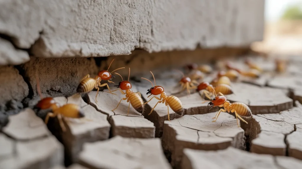 Subterranean termites crawling through cracked soil near a house foundation in Dubai