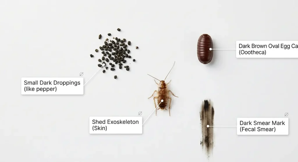 Cockroach droppings, egg cases, and shed skin signs of American cockroach infestation in Dubai