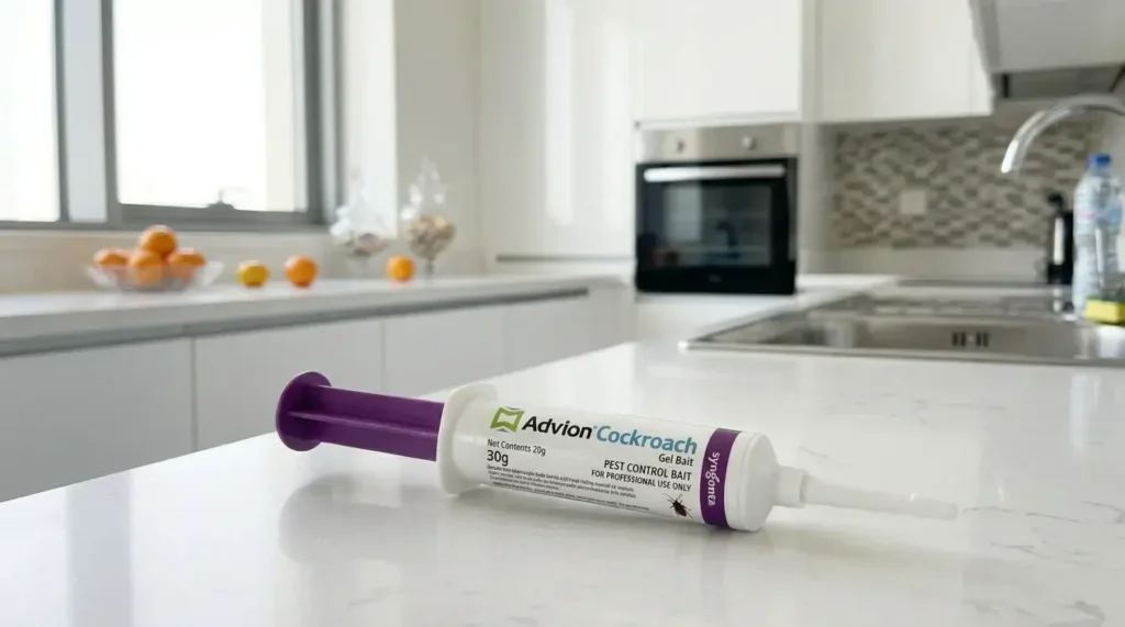 Advion cockroach gel syringe tube placed on a kitchen countertop in a modern Dubai apartment for cockroach control