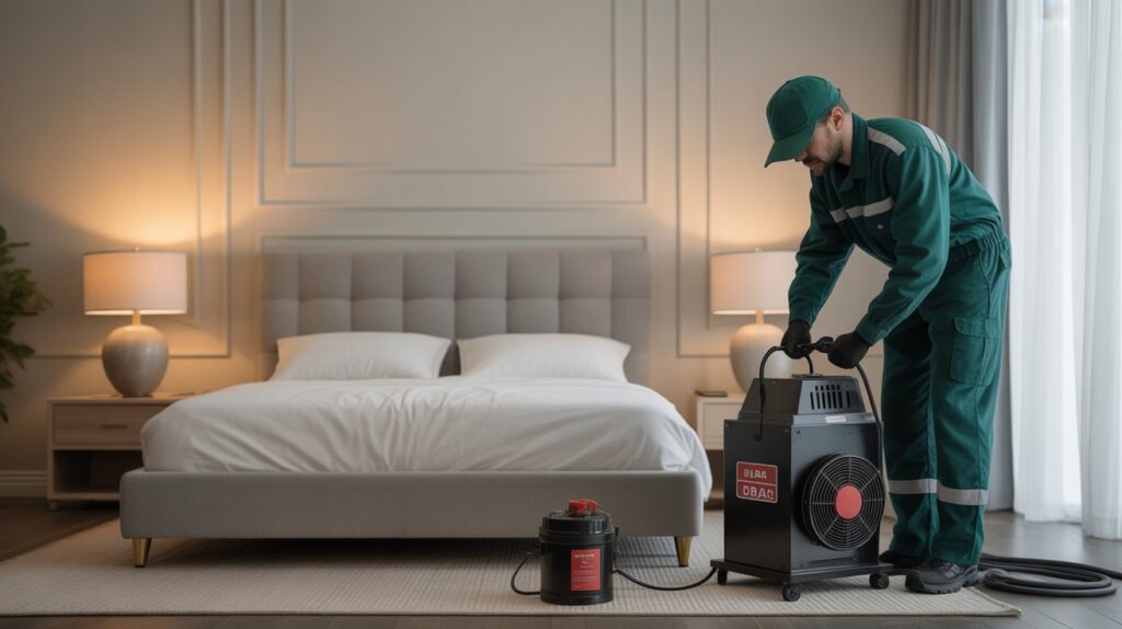 Pest control technician using heat treatment equipment to eliminate bed bugs in a Dubai bedroom