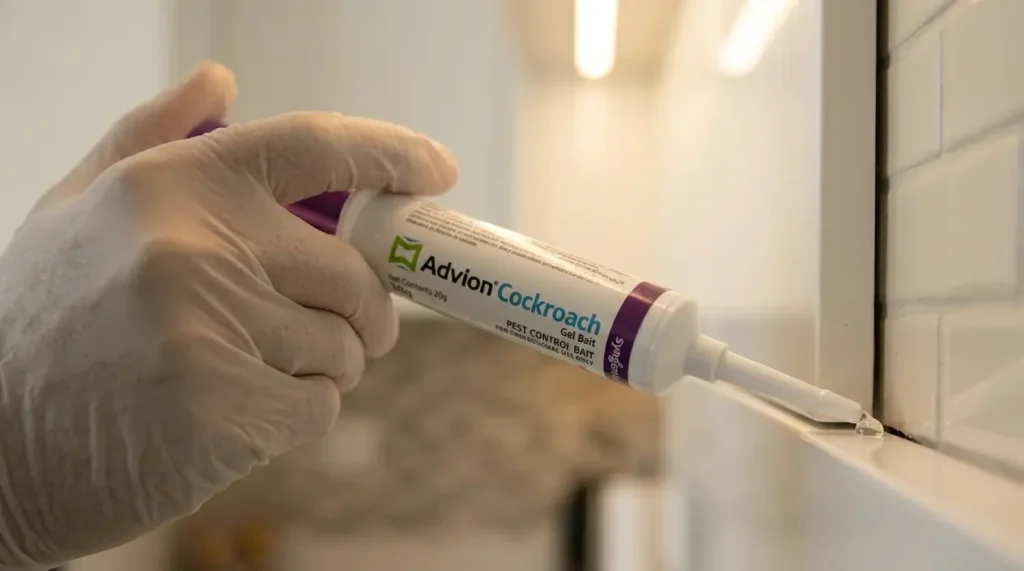 A gloved hand applying Advion cockroach gel bait into a kitchen cabinet crack for effective cockroach treatment in Dubai