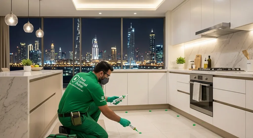 A professional pest control technician in green uniform applying cockroach gel treatment in a modern Dubai apartment kitchen at night