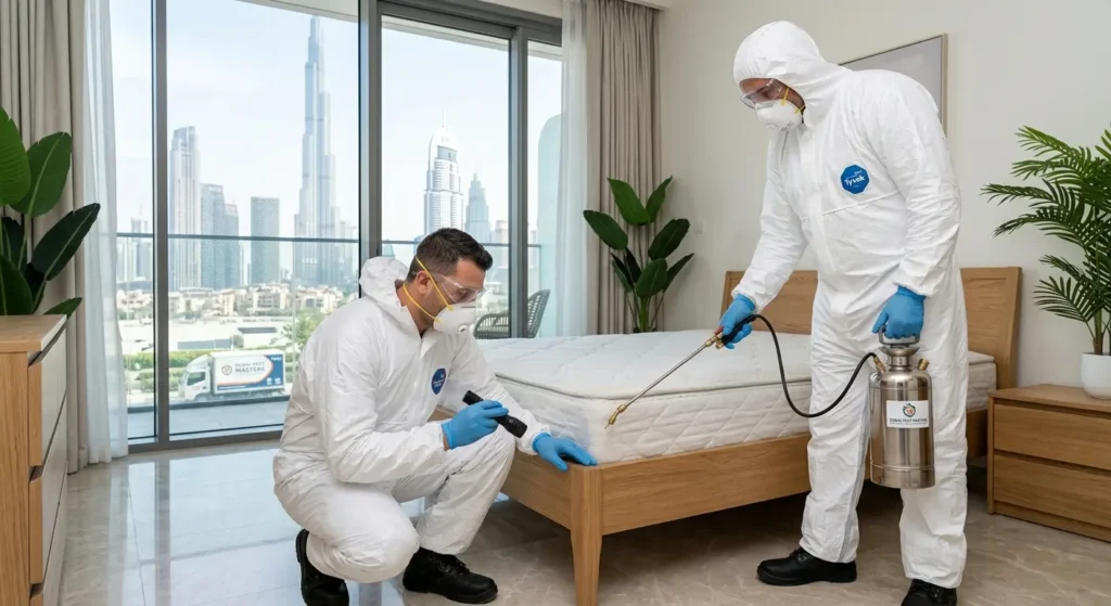Professional pest control team treating bed bug infestation in Dubai home